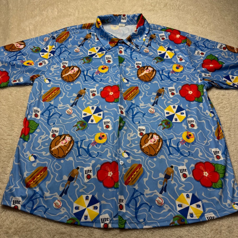Kansas City Royals Miller Lite Beer Mens XL Summer Pool AOP Hawaiian Shirt Blue